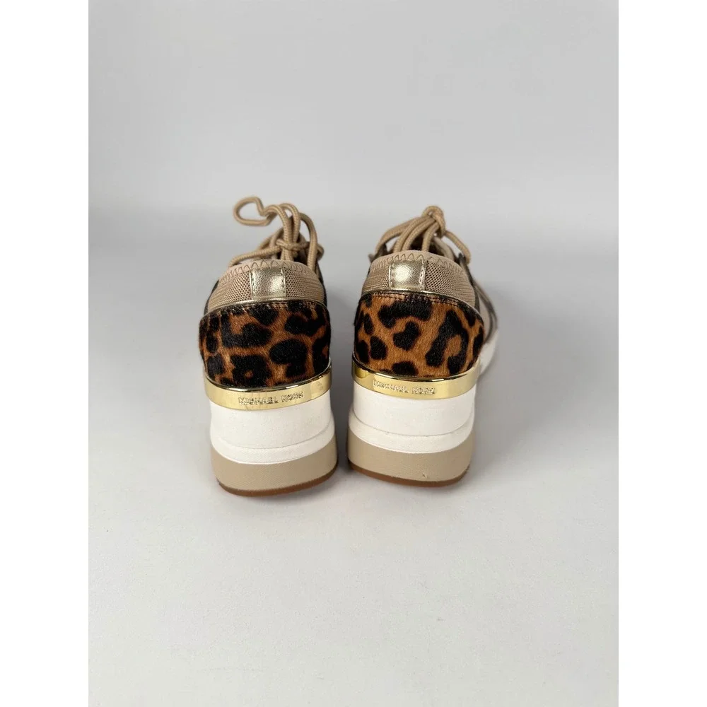 Michael Kors Georgie Wedge Sneakers Leopard Print Gold Tan HJ19F‎ Womens 7.5M